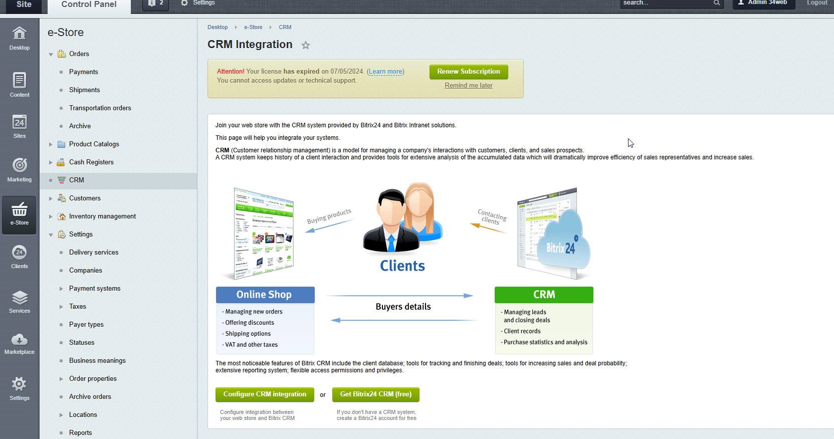 CRM integration administration for the B2B store