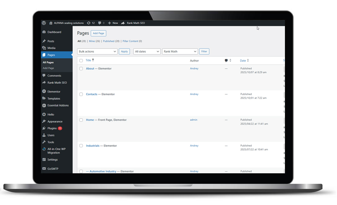 WordPress content management interface used for the Alpana Seals website