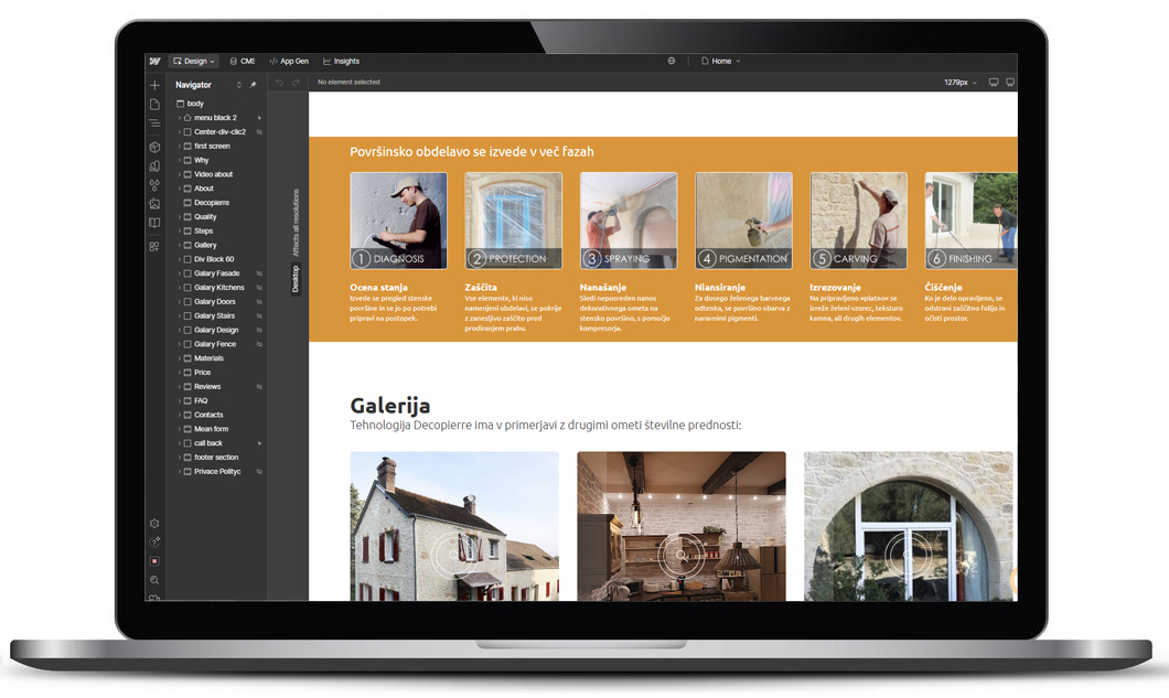 Decopierre website design and content structure in the Webflow editor