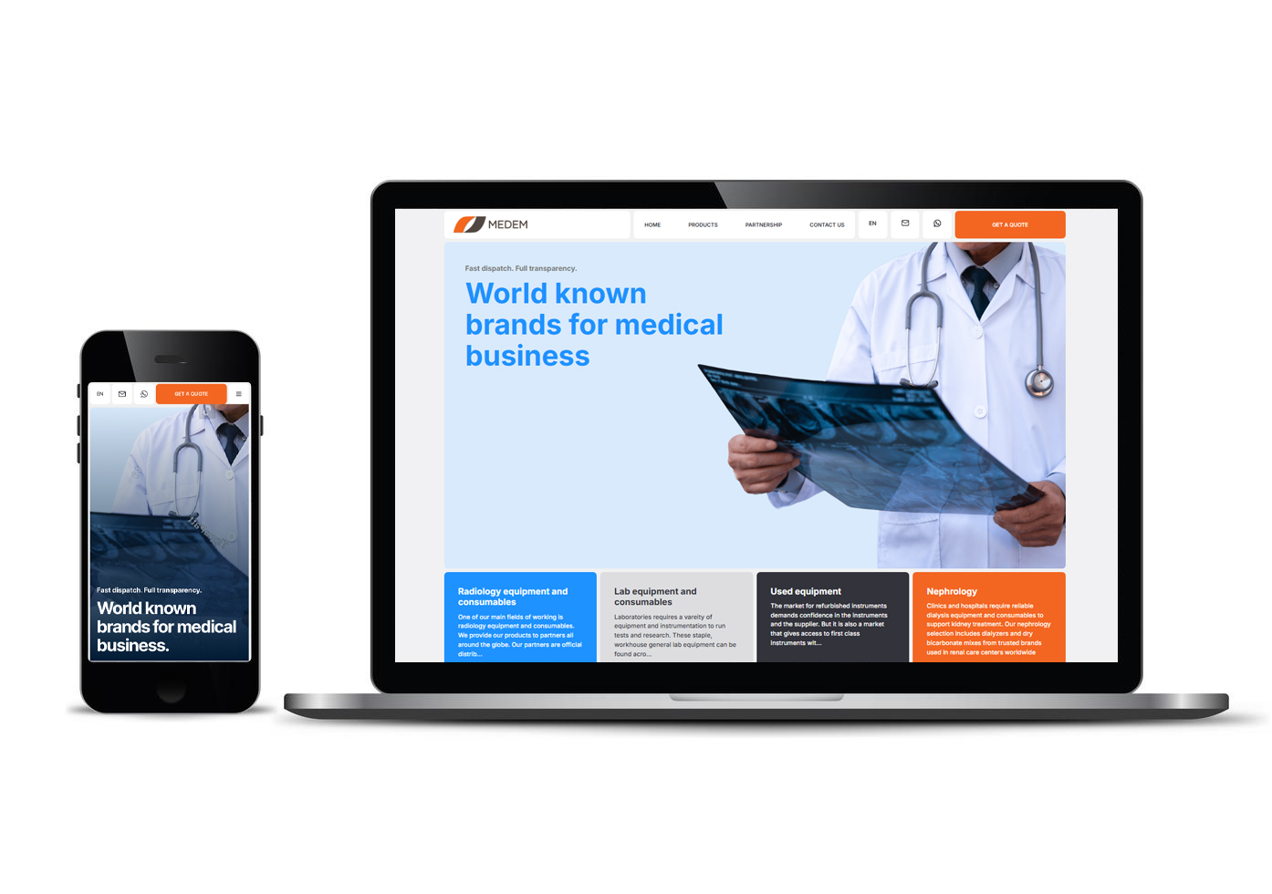 Responsive MEDem medizinische Geräte-Website auf Desktop und mobile angezeigt