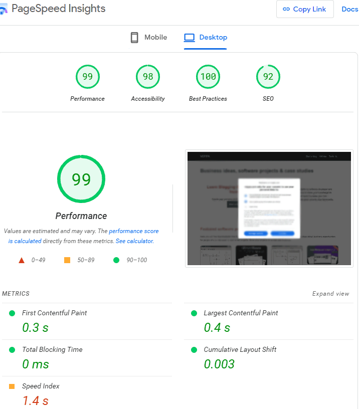 Detailed PageSpeed metrics including FCP, LCP, TBT and CLS