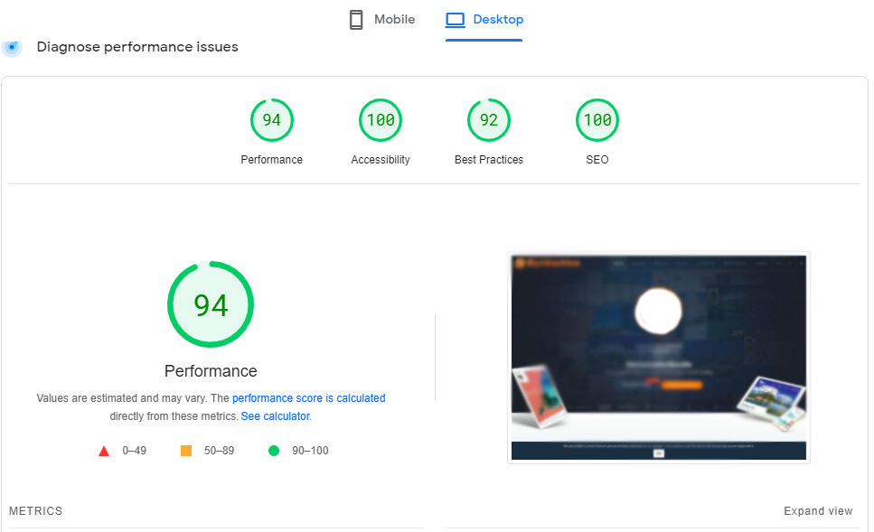 PageSpeed report with 94 performance and 100 SEO