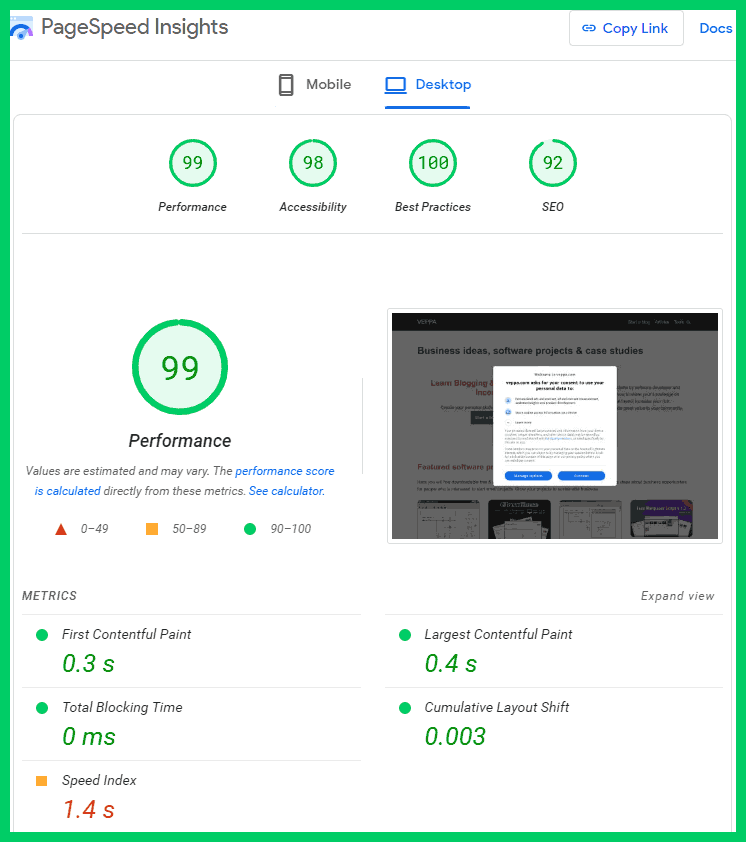 Google PageSpeed Insights Performance-Score von 99